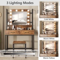 Fameill Makeup Vanity With Lights,Vanity Desk With Drawer,Vanity Table Set With Lighted Mirror,3 Color Dimmable Makeup Desk For Bedroom,Rustic Brown