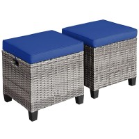 Tangkula 2 Pieces Patio Rattan Ottomans Outdoor Wicker Footstool Footrest Seat With Soft Cushions And Steel Frame Allweather