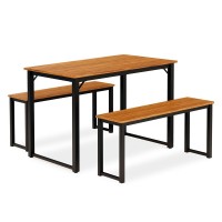 Parmer 3 Pc Kitchen Set 1 Modern Dining Table and 2 Mid Century Benches in Powder Coating Black Color and Brown Wood Laminate