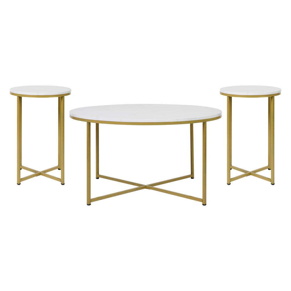 Hampstead Collection Coffee and End Table Set - White Marbled Laminate Top & Matte Gold Crisscross Frame, 3 Piece Table Set