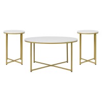 Hampstead Collection Coffee and End Table Set - White Marbled Laminate Top & Matte Gold Crisscross Frame, 3 Piece Table Set