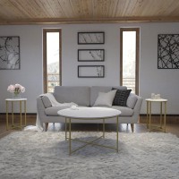 Hampstead Collection Coffee and End Table Set - White Marbled Laminate Top & Matte Gold Crisscross Frame, 3 Piece Table Set