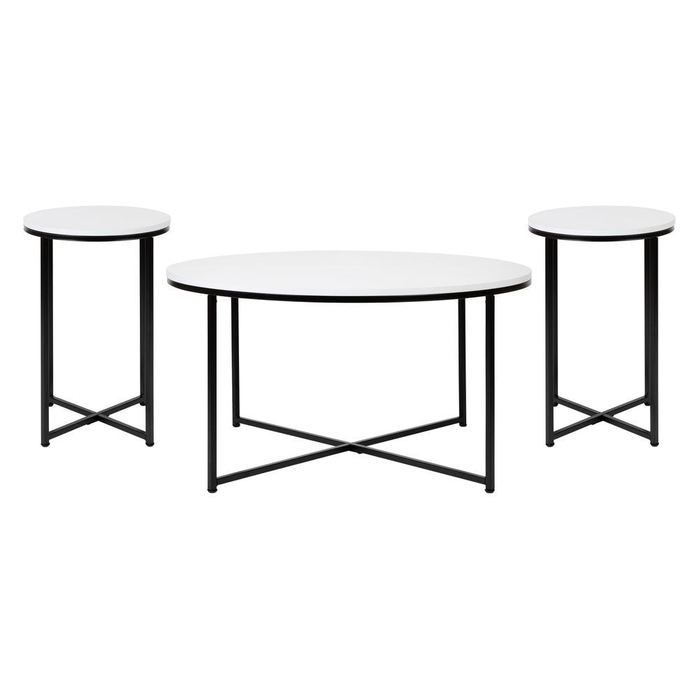 Hampstead Collection Coffee and End Table Set - White Laminate Top with Matte Black Crisscross Frame, 3 Piece Table Set