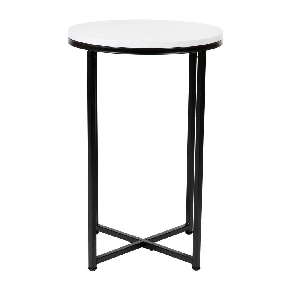 Hampstead Collection End Table - Modern White Marble Finish Accent Table with Crisscross Matte Black Frame