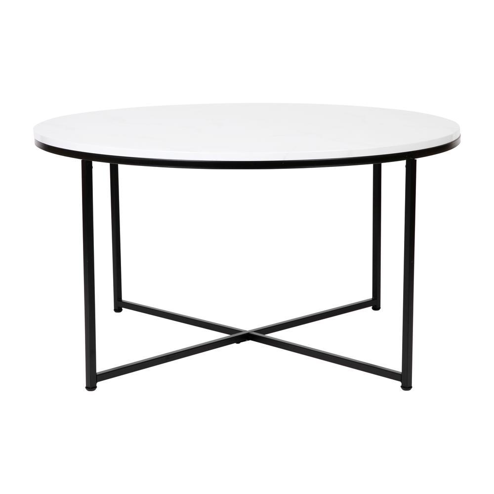 Hampstead Collection Coffee Table - Modern White Marble Finish Accent Table with Crisscross Matte Black Frame