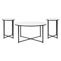 Hampstead Collection Coffee and End Table Set - White Marbled Laminate Top & Matte Black Crisscross Frame, 3 Piece Table Set