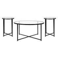 Greenwich Collection Coffee and End Table Set - Clear Glass Top with Matte Black Frame - 3 Piece Occasional Table Set