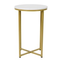 Hampstead Collection End Table - Modern White Marble Finish Accent Table with Crisscross Matte Gold Frame