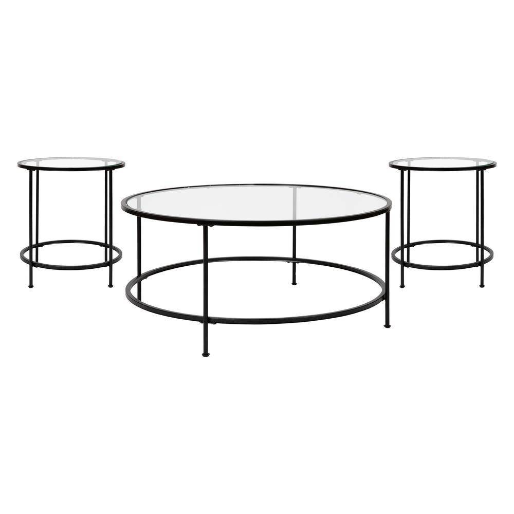 Astoria Collection Coffee and End Table Set Clear Glass Top with Round Matte Black Frame 3 Piece Occasional Table Set