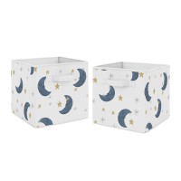 Sweet Jojo Designs Moon And Star Foldable Fabric Storage Cube Bins Boxes Organizer Toys Kids Baby Children'S - Set Of 2 - Navy Blue And Gold Watercolor Celestial Sky Gender Neutral Outer Space Galaxy