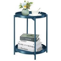 Danpinera 2-Tier End Table, Outdoor Side Table Metal Round Side Table With Removable Tray, Small Accent Table, Anti-Rust Nightstand For Bedroom Balcony Patio Living Room (Navy Blue)