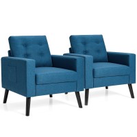 Giantex Set Of 2 Modern Accent Chair, Upholstered Living Room Chair, Button Tufted Single Sofa Couch, Bedroom Reading Guest Room, Patented Linen Fabric Armchairs With Side Pockets And Wood Legs, Blue