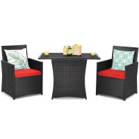 Tangkula 3 Pieces Patio Dining Set, Space-Saving Pe Rattan Bistro Set With Tempered Glass Top Table And Cushioned Chairs, Outdoor Conversation Set For Garden Backyard Poolside Porch (Red)