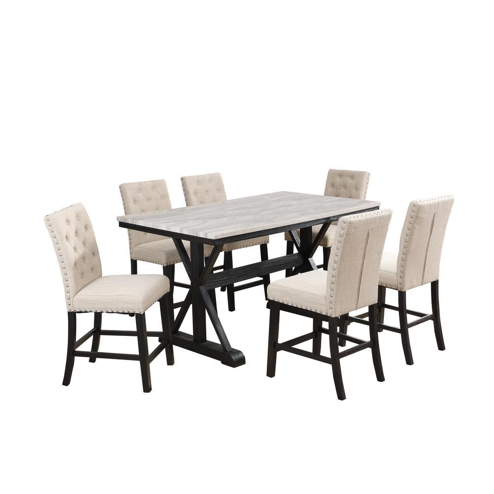 Classic 7 Piece Dining Set 1 Counter Height Table Faux Marble 6 Linen Side Chairs Tufted Buttons and Nailhead Trim