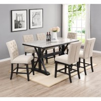 Classic 7 Piece Dining Set 1 Counter Height Table Faux Marble 6 Linen Side Chairs Tufted Buttons and Nailhead Trim