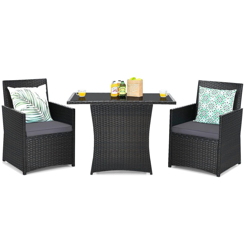 Tangkula 3 Pieces Patio Dining Set, Space-Saving Pe Rattan Bistro Set With Tempered Glass Top Table And Cushioned Chairs, Outdoor Conversation Set For Garden Backyard Poolside Porch (Gray)