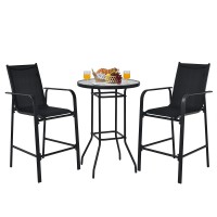 Tangkula 3 Pieces Outdoor Patio Bar Set, Outdoor Bistro Set With 2 Bar Stools And 1 Tempered Glass Bar Table, Bar Height Patio Table And Stools Set For Backyard, Garden, Lawn (Black)