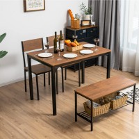 Giantex Dining Table Set For 4, Kitchen Table With Bench And Chairs, Industrial Gathering Bench Dining Set W/Metal Frame & Storage Rack, Dinette Set, Modern Functional Desk Set (Brown)