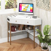 Tangkula White Corner Desk With 2 Drawers & Built-In Charging Station, 90 Degrees Triangle Corner Computer Desk For Small Space, Bedroom Makeup Vanity Desk With Storage Shelves, Corner Writing Desk