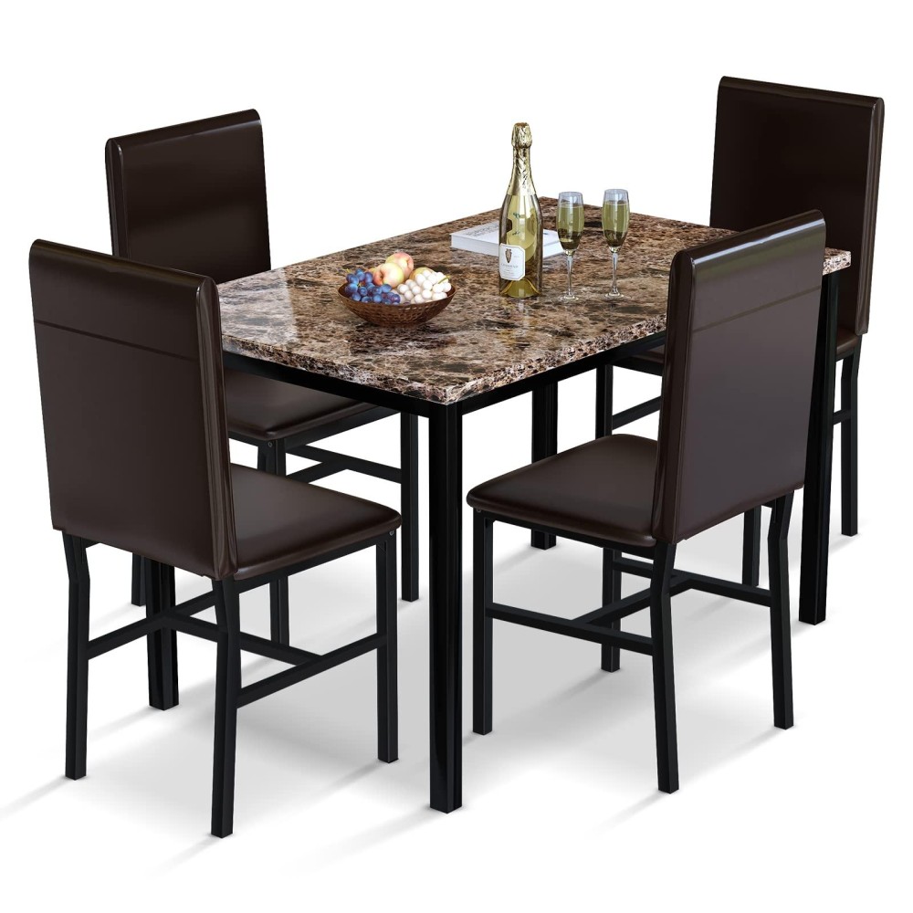 Awqm 5 Piece Dining Table Set For 4,Faux Marble Kitchen Table And Chairs For 4, Modern Dining Room Table Set With Pu Leather Chairs, Dinette For Small Spaces,Breakfast Nook,Living Room, Brown