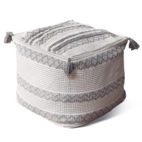 Blue Page Boho Neutral Decorative Unstuffed Pouf Cover - Cotton Woven Diamond Jacquard Pattern With Big Tassels, Handwoven Footrest/Cushion Cover For Bedroom Living Room, Grey