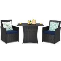 Tangkula 3 Pieces Patio Dining Set, Space-Saving Pe Rattan Bistro Set With Tempered Glass Top Table And Cushioned Chairs, Outdoor Conversation Set For Garden Backyard Poolside Porch (Blue)