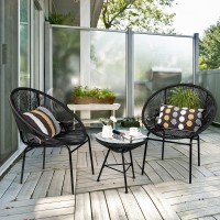 Tangkula 3 Piece Outdoor Patio Furniture Set, Acapulco Chair Set W/Plastic Rope, Tempered Glass Table, All Weather Patio Bistro Set For Patio, Lawn, Garden, Backyard (Black)