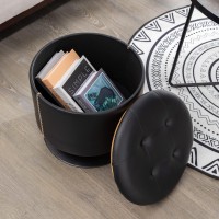 Round Storage Ottoman Swivel Foot Stool, Leather Tufted Pouf Foot Rest Ottoman With Storage, Vanity Stool With Removable Lid, Side Coffee Table Storage Footstool Chair For Living Room, Bedroom, Black