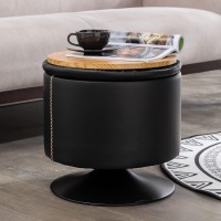 Round Storage Ottoman Swivel Foot Stool, Leather Tufted Pouf Foot Rest Ottoman With Storage, Vanity Stool With Removable Lid, Side Coffee Table Storage Footstool Chair For Living Room, Bedroom, Black