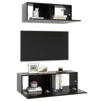 Vidaxl Tv Cabinet Set 2 Piece Tv Stand Unit Hifi Cabinet Stereo Plasma Cabinet Living Room Bedroom Furniture High Gloss Black Engineered Wood