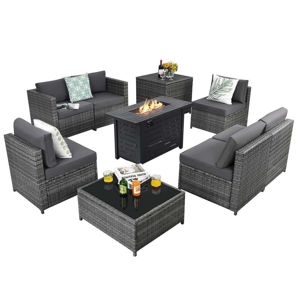 Tangkula 9 Pieces Patio Rattan Furniture Set, Patiojoy Sectional Sofa Set W/Fire Pit Table, Storage Box, Coffee Table, Outdoor Wicker Conversation Set W/ 42??Propane Fire Pit Table (Grey)