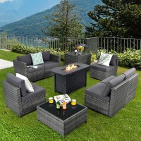 Tangkula 9 Pieces Patio Rattan Furniture Set, Patiojoy Sectional Sofa Set W/Fire Pit Table, Storage Box, Coffee Table, Outdoor Wicker Conversation Set W/ 42??Propane Fire Pit Table (Grey)