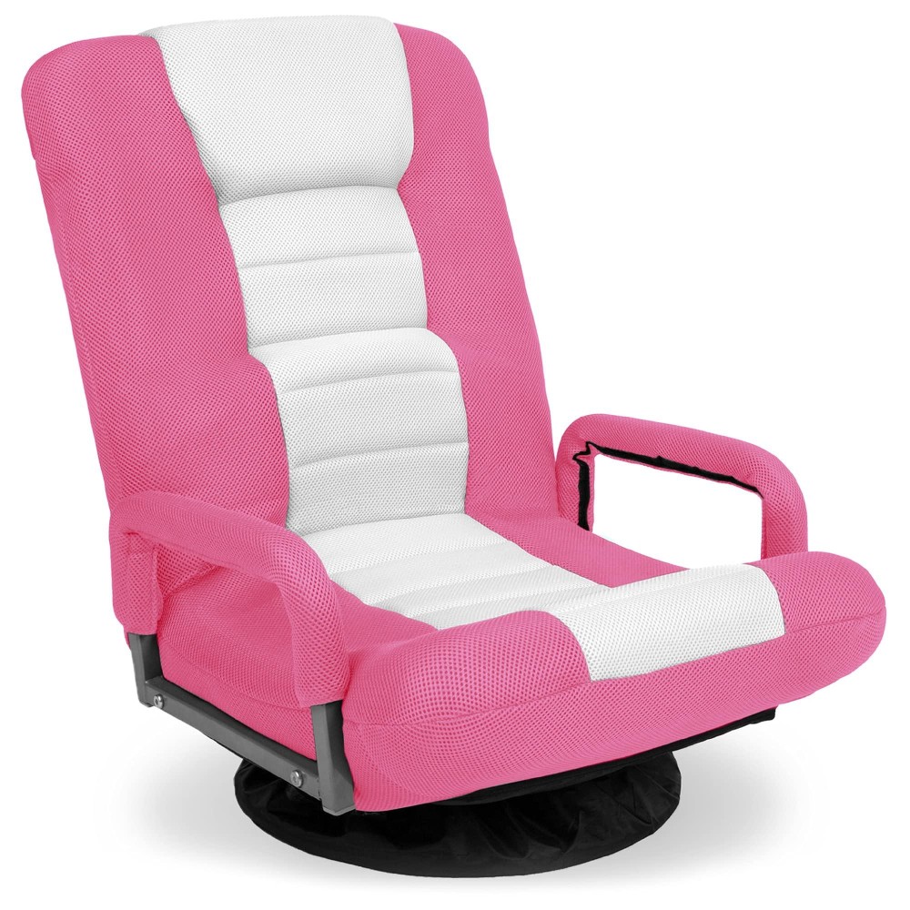 Best Choice Products Swivel Gaming Chair 360 Degree Multipurpose Floor Chair Rocker For Tv, Reading, Playing Video Games W/Lumbar Support, Armrest Handles, Adjustable Foldable Backrest - Pink/White