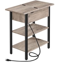 Hoobro Side Table, Flip End Table With Charging Station And Shelves, Usb Ports & Power Outlets, Narrow Nightstand For Small Spaces, Living Room, Stable And Sturdy, Greige And Black Bg341Bz01