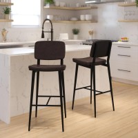 Kenzie Commercial Grade Mid-Back Barstools - Brown LeatherSoft Upholstery - Black Iron Frame with Integrated Footrest - Set of 2