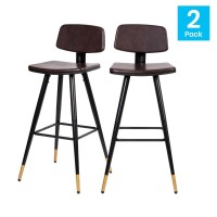 Kora Commercial Grade Low Back Barstools-Brown LeatherSoft Upholstery-Black Iron Frame-Integrated Footrest-Gold Tipped Legs-Set of 2