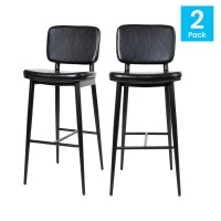 Kenzie Commercial Grade Mid-Back Barstools - Black LeatherSoft Upholstery - Black Iron Frame with Integrated Footrest - Set of 2