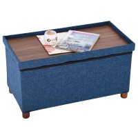 Ao Lei 30 Inches Storage Ottoman Bench, Storage Bench With Wooden Legs For Living Room Ottoman Foot Rest Removeable Lid For Bedroom End Of Bed, Linen Fabric, Folding Blue Ottoman