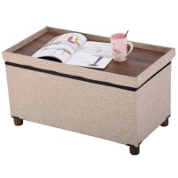 Ao Lei 30 Inches Storage Ottoman Bench, Storage Bench With Wooden Legs For Living Room Ottoman Foot Rest Removeable Lid For Bedroom End Of Bed, Linen Fabric, Folding Beige Ottoman