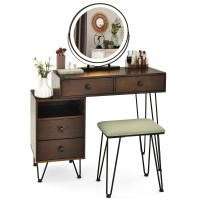 CHARMAID Vanity Set with 3 Colors Lighted Mirror, Left or Right Side Cabinet, 2 Large Drawers, Lipstick Storage Box, Bedroom Makeup Vanity Dressing Table with Cushioned Stool, Espresso