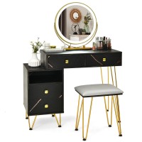 CHARMAID Vanity Set with 3 Colors Lighted Mirror, Left or Right Side Cabinet, 2 Large Drawers, Lipstick Storage Box, Bedroom Makeup Vanity Dressing Table with Cushioned Stool, Marble Black