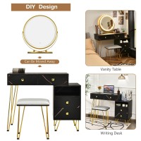 CHARMAID Vanity Set with 3 Colors Lighted Mirror, Left or Right Side Cabinet, 2 Large Drawers, Lipstick Storage Box, Bedroom Makeup Vanity Dressing Table with Cushioned Stool, Marble Black