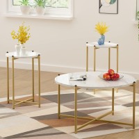 Dklgg Coffee Table Set Of 3, Modern Round Coffee Table & 2Pcs End Table Faux Marble Tabletop With Gold Cross Base Frame, Modern Living Room Table Sets For Apartment, Small Space (Gold)