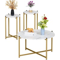 Dklgg Coffee Table Set Of 3, Modern Round Coffee Table & 2Pcs End Table Faux Marble Tabletop With Gold Cross Base Frame, Modern Living Room Table Sets For Apartment, Small Space (Gold)