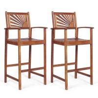 Costway Bar Stools Set Of 2, Outdoor Acacia Wood Bar Chairs With Sunflower Backrest, Curved Armrests & Breathable Seat, Ideal For Balcony, Sunroom, Patio, Easy Assembly