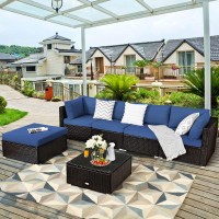 Tangkula 6 Piece Patio Furniture Set, Outdoor Deck Lawn Backyard Durable Steel Frame Pe Rattan Wicker Sectional Sofa Set, Conversation Set With Coffee Table (Blue)