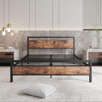 Hojinlinero Queen Bed Frame With Headboard,Metal Platform Bed Frame Queen Size With Storage No Box Spring Needed,Heavy Duty Steel Slats,Bedframe Mattress Foundation,Black & Rustic Brown