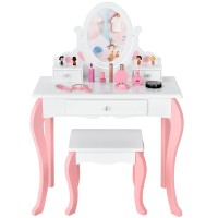 Costzon Kids Vanity Set With Mirror, 2 In 1 Princess Makeup Dressing Table W/Detachable Top, Toddler Vanity With 360 Rotating Mirror, Drawers & Stool, Pretend Play Vanity Set For Little Girls, White