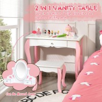 Costzon Kids Vanity Set With Mirror, 2 In 1 Princess Makeup Dressing Table W/Detachable Top, Toddler Vanity With 360 Rotating Mirror, Drawers & Stool, Pretend Play Vanity Set For Little Girls, White