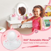 Costzon Kids Vanity Set With Mirror, 2 In 1 Princess Makeup Dressing Table W/Detachable Top, Toddler Vanity With 360 Rotating Mirror, Drawers & Stool, Pretend Play Vanity Set For Little Girls, White